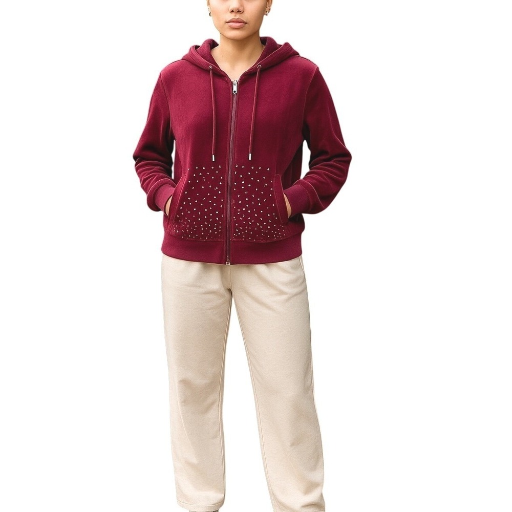 Central Park Y2K Velour Hoodie L Raspberry Pink Crystal Coquette Zip Jacket